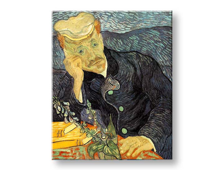 Vintage obraz na plátně s motivem Vincent van Gogh - Portrét dr. Gacheta, květy, příroda v modro-zelených odstínech, kontemplativní atmosféra, vhodný do pracovny – produkt, pohled 2