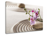 Klasický obraz na plátně s motivem FENG SHUI, orchidej, zenová zahrada, architektura, dětský motiv v růžových odstínech, klidná atmosféra, vhodný do obývacího pokoje – produkt