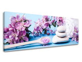 Klasický obraz na plátně s motivem FENG SHUI, květy, příroda v bílo-fialových odstínech, klidná atmosféra, jarní atmosféra a příroda, vhodný do obývacího pokoje – produkt