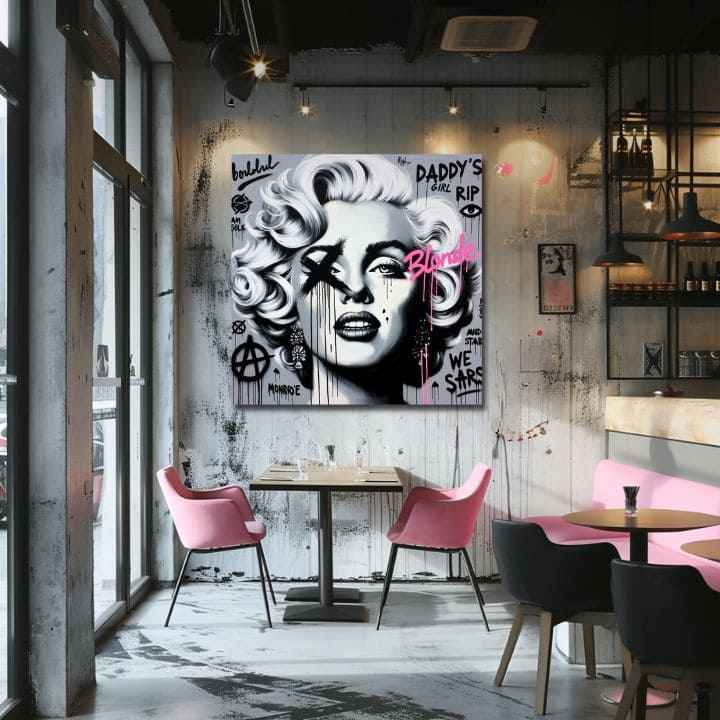 Obraz s portrétem Marilyn Monroe v pop-art stylu, s černými a růžovými detaily na šedém pozadí, visí v moderním interiéru nad dřevěnou konzolí s vázou a svíčkou Papilora.