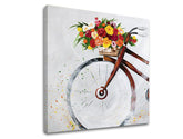 V boho stylu obraz na plátně s motivem BICYKEL, květy, dětský motiv, příroda v vícebarevných odstínech, veselá atmosféra, jarní atmosféra a romantika – hlavní