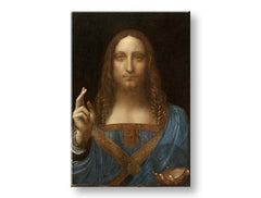 Obraz Salvator Mundi s Ježíšem Kristem v modrém rouchu a zlatých detailech visící v moderním interiéru nad dřevěnou konzolí s vázou a svíčkou Papilora.