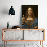 Vintage obraz na plátně s motivem Leonardo da Vinci - Salvator Mundi, mapa, příroda v modro-zlatých odstínech, slavnostní atmosféra, vhodný do obývacího pokoje – produkt, pohled 2