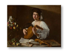 V boho stylu obraz na plátně s motivem Michelangelo Caravaggio - Lutnista, květy, housle, hudební motiv, příroda v bílo-zlatých odstínech, vhodný do kuchyně – produkt, pohled 2