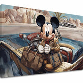 Pop art obraz na plátně s motivem Štýlový Mickey Mouse, automobil, cestovatelský motiv v modro-červených odstínech, dobrodružství a nostalgie – hlavní