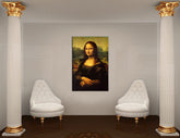 Pop art obraz na plátně s motivem MONA LISA – Leonardo Da Vinci, krajina, městský motiv, příroda v bílo-zlatých odstínech zavěšený v interiéru pracovny – interiér