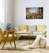 Pop art obraz na plátně s motivem Paolo Veronese - Svadba v Káne Galilejskej v modro-zelených odstínech, slavnostní atmosféra, vhodný do kuchyně – hlavní