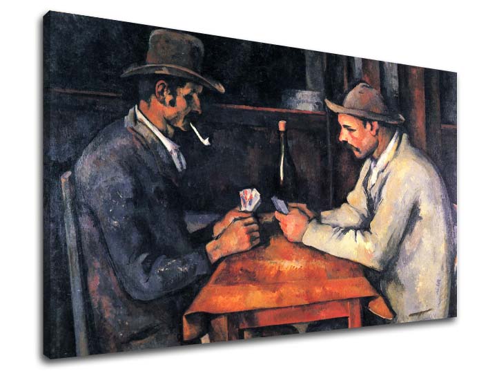 Umělecké dílo Hráči karet visící v moderním interiéru nad dřevěnou konzolí s vázou a svíčkou Papilora.