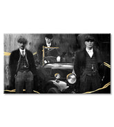Ručně malovaný obraz na plátně s motivem PREMIUM ART – Peaky Blinders bratia, automobil v šedo-zlatých odstínech, vhodný do obývacího pokoje | Obrazy na plátně - PREMIUM ART – Peaky Blinders bratia