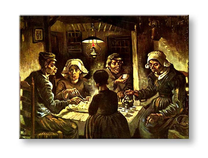 Umělecké dílo s motivem jedlíků brambor visí v moderním interiéru nad dřevěnou konzolí s vázou a svíčkou Papilora.