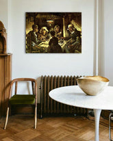 Vintage obraz na plátně s motivem Vincent van Gogh - Jedáci zemiakov, mapa, příroda v béžovo-hnědých odstínech, ponurá atmosféra, vhodný do kuchyně – hlavní