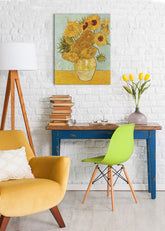 Vintage obraz na plátně s motivem Vincent van Gogh - Váza s dvanástimi slnečnicami, váza, květy v modro-žlutých odstínech, živá atmosféra, vhodný do obývacího pokoje – hlavní