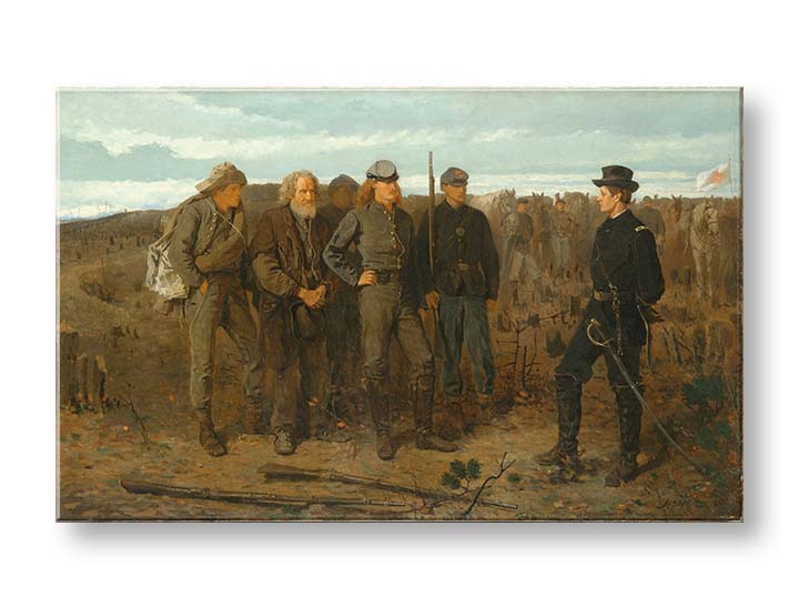 Umělecké dílo s historickou scénou visí v moderním interiéru nad dřevěnou konzolí s vázou a svíčkou Papilora.