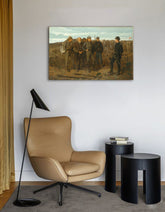 Vintage obraz na plátně s motivem Winslow Homer - Vězni z frontu, koně, krajina, mapa, příroda v béžovo-modrých odstínech, slavnostní atmosféra – hlavní