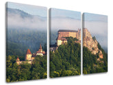 Klasický obraz na plátně s motivem SLOVENSKO, hrad, les, opar, hory v hnědo-šedých odstínech, klidná atmosféra, příroda, třídílné provedení – hlavní