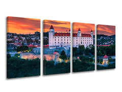 Pop art obraz na plátně s motivem SLOVENSKO, hrad, obloha, stromy, architektura v bílo-oranžových odstínech, klidná atmosféra, vícedílné provedení – hlavní