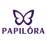 Detailní pohled na plátno odhaluje fialové logo Papilora s motýlem a texturou, Papilora.