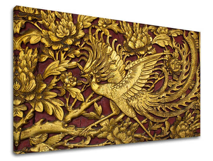 Klasický obraz na plátně s motivem FENG SHUI, pták, větve, květy, příroda v zlato-červených odstínech, příroda, vhodný do obývacího pokoje | Obraz na stěnu FENG SHUI – hlavní