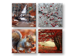 Kolážový obraz na plátně s motivem Beauty of Autumn, vodopád, krajina, příroda v hnědo-oranžových odstínech, klidná atmosféra, vícedílné provedení – hlavní