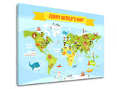 V boho stylu obraz na plátně s motivem MAPY, mapa světa, cestovatelský motiv, dětský motiv, mapa v modrých odstínech, hravá atmosféra, vhodný do dětského pokoje – produkt
