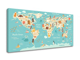 V boho stylu obraz na plátně s motivem MAPY, mapa světa, cestovatelský motiv, mapa, moře a pláž v modrých odstínech, hravá atmosféra, vhodný do dětského pokoje – produkt