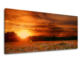 Klasický obraz na plátně s motivem PANORÁMA KRAJINA, západ slunce, oblaka, obloha, krajina v bílo-oranžových odstínech, klidná atmosféra, vhodný do obývacího pokoje – hlavní