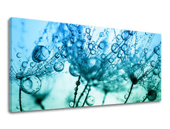 Detailní záběr na pampelišky pokryté kapkami rosy v modrozelených odstínech, zobrazený na plátně s viditelným dřevěným rámem Papilora.