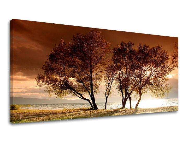 Obraz na plátně zachycuje západ slunce nad jezerem s několika stromy v popředí, v teplých hnědých a oranžových tónech, Papilora.