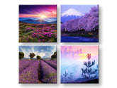 Kolážový obraz na plátně s motivem Everywhere purple, hory, květy, stromy, západ slunce v fialovo-růžových odstínech, klidná atmosféra, vhodný do obývacího pokoje – hlavní