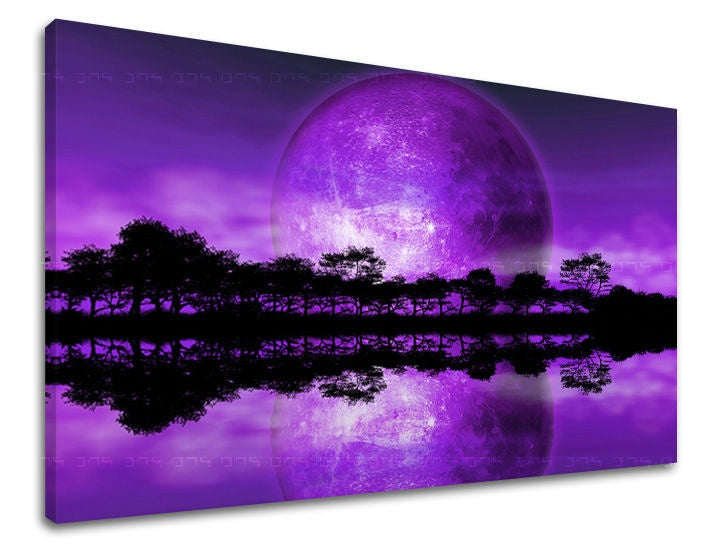 Klasický obraz s motivem měsíc, stromy, obloha v fialovo-černých odstínech | Obraz na stěnu ABSTRAKT, příroda a zamyšlení – náhled