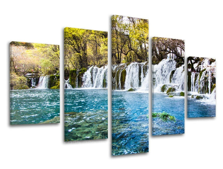 Klasický obraz s motivem vodopád, les, stromy v modro-zelených odstínech | Obraz na stěnu KRAJINA, příroda – náhled