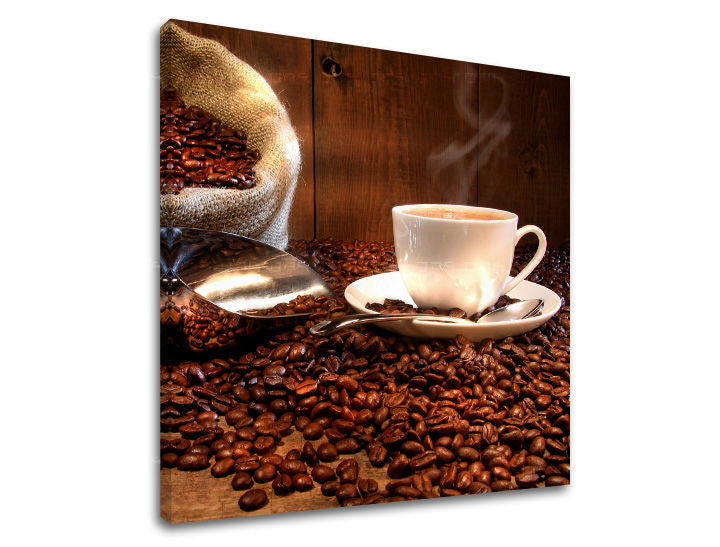Rustikální obraz na plátně s motivem šálek kávy v bílo-hnědých odstínech, útulná atmosféra, vhodný do kuchyně | Obraz na stěnu KUCHYNĚ – hlavní