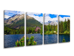 Klasický obraz na plátně s motivem SLOVENSKO, hory, jezero, les, obloha v modro-zelených odstínech, klidná atmosféra, příroda a divočina, vícedílné provedení – hlavní