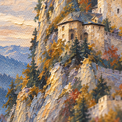 Makro detail ručně malovaných impasto tahů akrylovou barvou na ploše obrazu, viditelná textura a reliéf, který dodává umělecký vzhled.