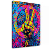 Ručně malovaný obraz na plátně s motivem Peace Sign na plátně v oranžovo-fialových odstínech, energická atmosféra, láska | Obraz Peace Sign na plátně – hlavní