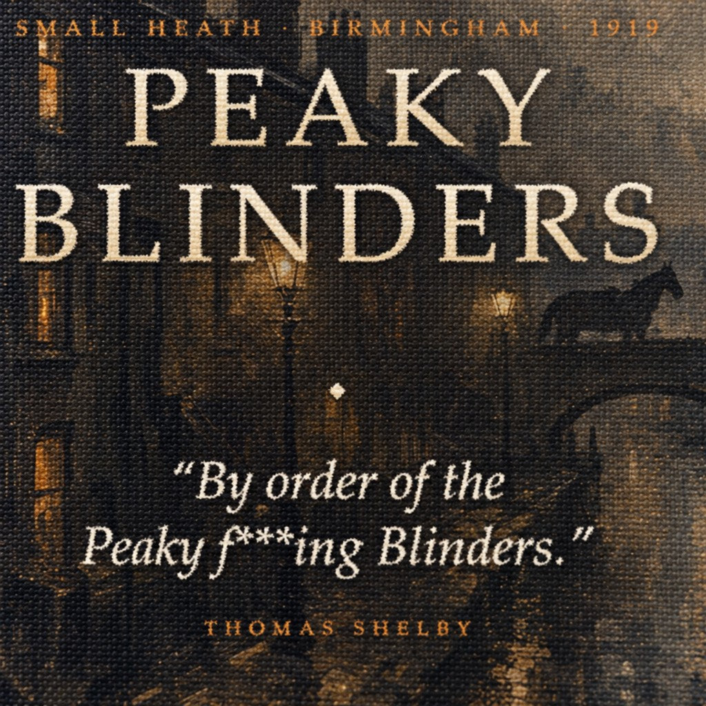 Detailní záběr na texturu obrazu Peaky Blinders s ikonickým nápisem a citátem By order of the Peaky Blinders v industriálním stylu.