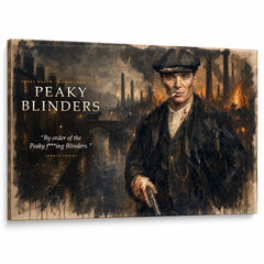 Dramatický obraz Peaky Blinders s portrétem Thomase Shelbyho na kvalitním bavlněném plátně pro stylový interiér od značky Papilora.
