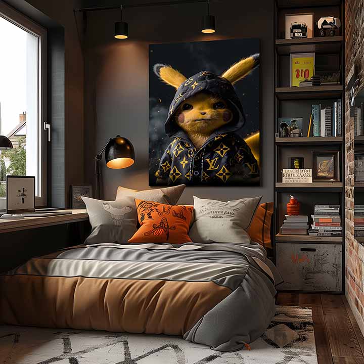 Moderní obraz na plátně s motivem Pikachu: Streetwear král v černo-zlatých odstínech, popkultura | Obraz Pikachu: Streetwear král – produkt