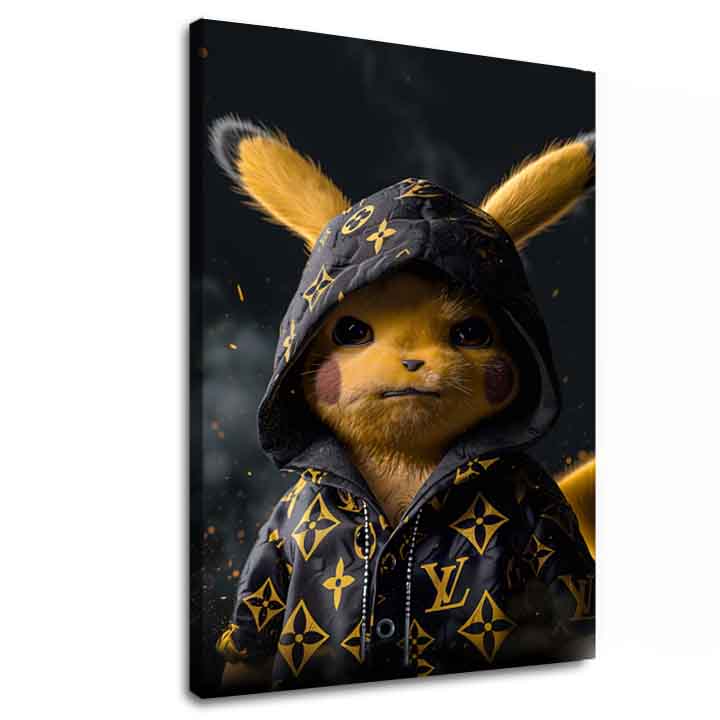 Moderní obraz na plátně s motivem Pikachu: Streetwear král v černo-zlatých odstínech, popkultura | Obraz Pikachu: Streetwear král – hlavní