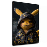 Moderní obraz na plátně s motivem Pikachu: Streetwear král v černo-zlatých odstínech, popkultura | Obraz Pikachu: Streetwear král – hlavní