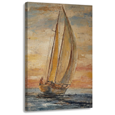 Obraz plachetnice na moři při západu slunce na plátně – 3D vizualizace canvasu s viditelným dřevěným podrámem, Papilora Premium Art.