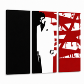 Ručně malovaný obraz POP Art AL PACINO 3 díly al33 – 3D vizualizace ručně malovaného plátna na bílém pozadí. Dominantní barvy: černá, bílá, červená.