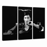 Ručně malovaný obraz POP Art AL PACINO 3 díly al16 – 3D vizualizace ručně malovaného plátna na bílém pozadí. Dominantní barvy: černá, šedá, bílá.
