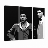 Ručně malovaný obraz POP Art AL PACINO 3 díly al31 – 3D vizualizace ručně malovaného plátna na bílém pozadí. Dominantní barvy: černá, bílá, šedá.