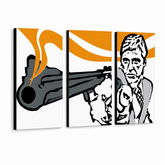 Ručně malovaný obraz POP Art AL PACINO 3 díly al7 – 3D vizualizace ručně malovaného plátna na bílém pozadí. Dominantní barvy: černá, oranžová, bílá, šedá.