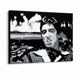 Ručně malovaný obraz POP Art AL PACINO 1 kus al13 – 3D vizualizace ručně malovaného plátna na bílém pozadí. Dominantní barvy: černá, bílá, šedá.