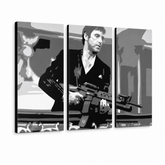 Ručně malovaný obraz POP Art AL PACINO 3 díly al2 – 3D vizualizace ručně malovaného plátna na bílém pozadí. Dominantní barvy: černá, šedá, bílá.