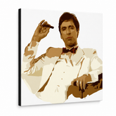 Ručně malovaný obraz POP Art AL PACINO 1 kus al35 – 3D vizualizace ručně malovaného plátna na bílém pozadí. Dominantní barvy: hnědá, bílá, zlatá.