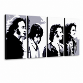 Ručně malovaný obraz POP Art Beatles 4 kusů bea5 – 3D vizualizace ručně malovaného plátna na bílém pozadí. Dominantní barvy: černá, šedá, bílá, zlatá.