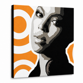 Ručně malovaný obraz POP Art BEYONCÉ 1 kus bey6 – 3D vizualizace ručně malovaného plátna na bílém pozadí. Dominantní barvy: černá, oranžová, bílá, šedá.